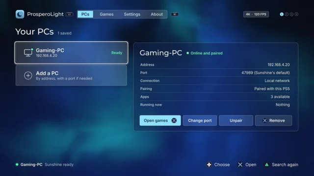 ProsperoLight v01.000.100: arrivano le scorciatoie per avviare giochi e applicazioni PC direttamente dalla home della PS5